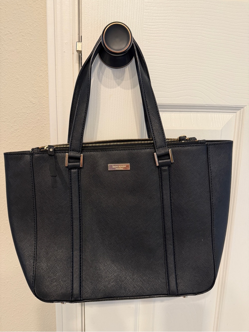 kate spade Black Saffiano Leather Tote with Gold Hardware